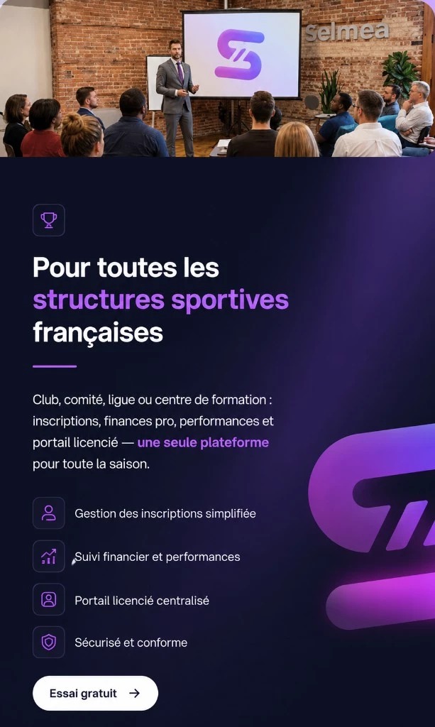 Selmea pour les structures sportives françaises — inscriptions, finances, performances et portail licencié
